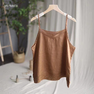 Áo T-shirt linen hai dây sát nách cổ V kiểu ren viền - NU8418