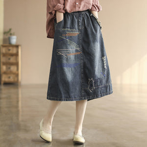 Chân váy denim lưng thun thêu hai chú mèo - V005