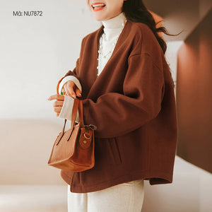 Áo khoác cardigan len dạ dài tay hai cổ V hai túi chéo - NU7872