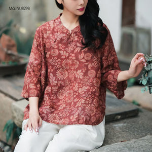 Áo sơ mi linen tay lửng cổ tàu khuy lệnh in hoa lá - NU8298