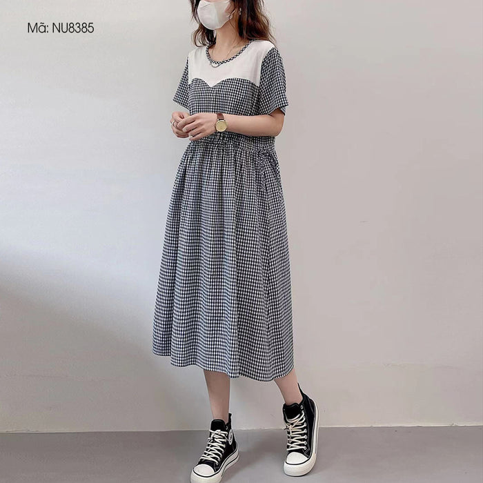 Đầm liền ngắn tay caro cổ tròn ngực phối mảng màu - NU8385