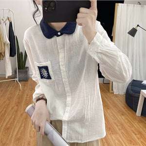 Áo sơ mi dài tay cổ pipi một túi thêu mặt trời - NU7606