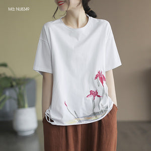 Áo T-shirt ngắn tay cổ tròn thêu hoa trừu tượng - NU8349
