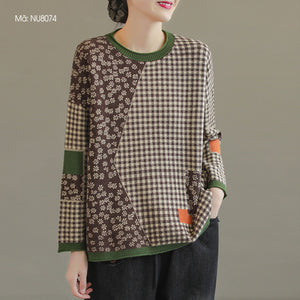 Áo len dài tay cổ tròn caro in hoa lá - NU8074