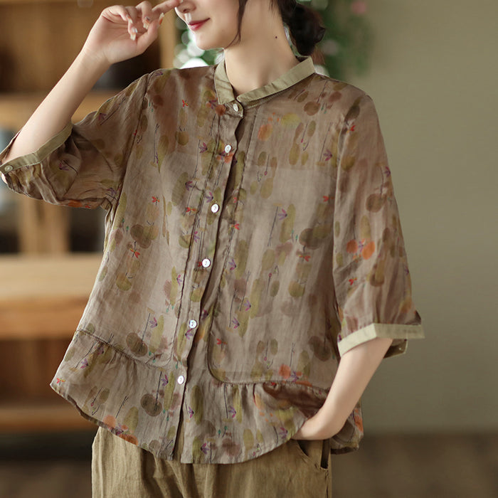 Áo sơ mi linen ngắn tay cổ pipi in hoa lá tà kiểu xòe - NU7557