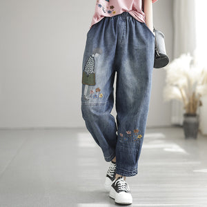 Quần baggy denim lưng thun thêu cô gái trong vườn hoa - NU7207
