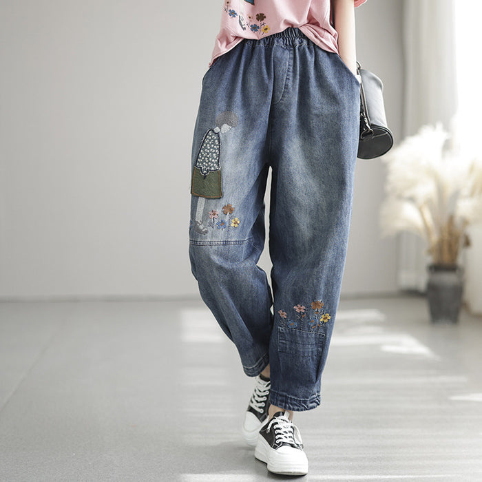 Quần baggy denim lưng thun thêu cô gái trong vườn hoa - NU7207