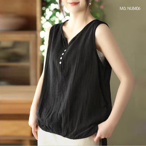 Áo T-shirt linen sát nách cổ V kiểu xếp ly - NU8406