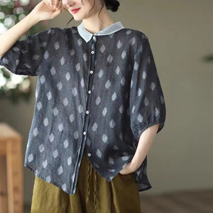 Áo sơ mi linen ngắn tay cổ pipi in hoa văn cân đối - NU6985