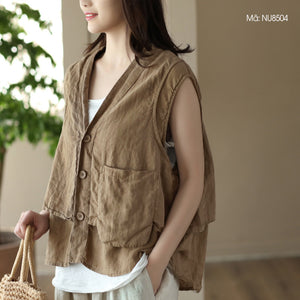 Áo sơ mi linen sát nách cổ V kiểu hai lớp túi vuông - NU8503