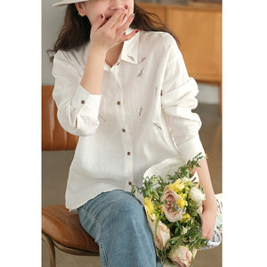 Áo sơ mi linen dài tay cổ đức thêu những chiếc lá - NU7483