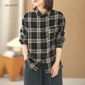 Áo sơ mi dài tay cổ đức kẻ caro một túi vuông - NU7715