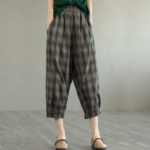 Quần baggy linen lưng thun kẻ sọc caro ống túm một túi sau - NU7423