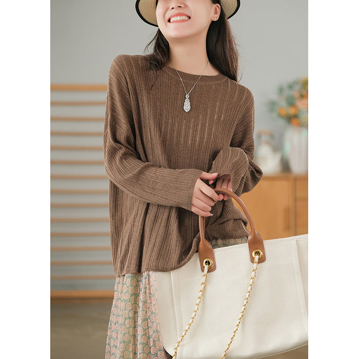 Áo T-shirt len dài tay tay cổ tròn sọc gân - NU7684