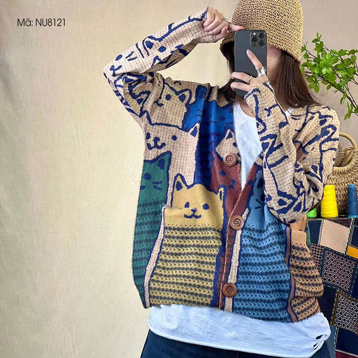 Áo khoác len cardigan dài tay cổ V in những chú mèo - NU8121