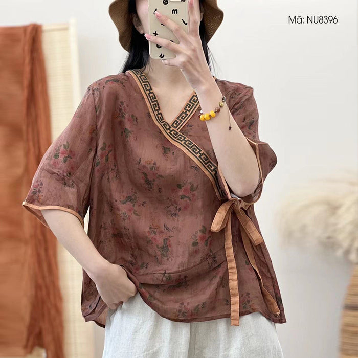 Áo sơ mi linen ngắn tay cổ V vạt chéo thêu viền - NU8396