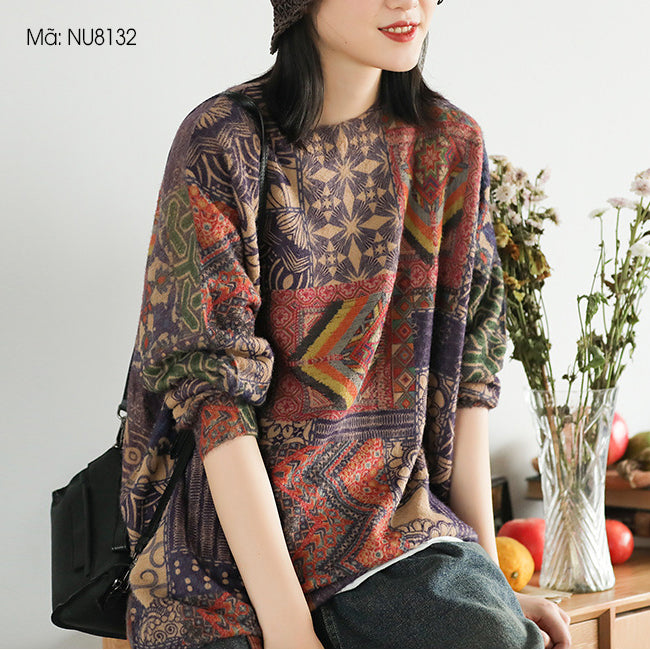 Áo len cashmere dài tay cổ tròn hoa văn thổ cẩm - NU8132