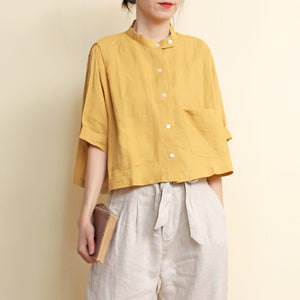 Áo sơ mi linen ngắn tay cổ đứng hai túi vuông  - NU7418