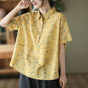 Áo sơ mi linen ngắn tay cổ đức in những chú cú ngộ nghĩnh - NU7066
