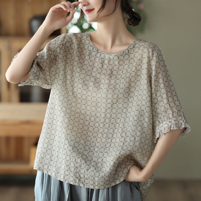Áo T-shirt linen ngắn tay cổ tròn in những vòng tròn - NU7546