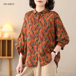 Áo sơ mi linen dài tay cổ đức in hình retro form rộng - NU8314