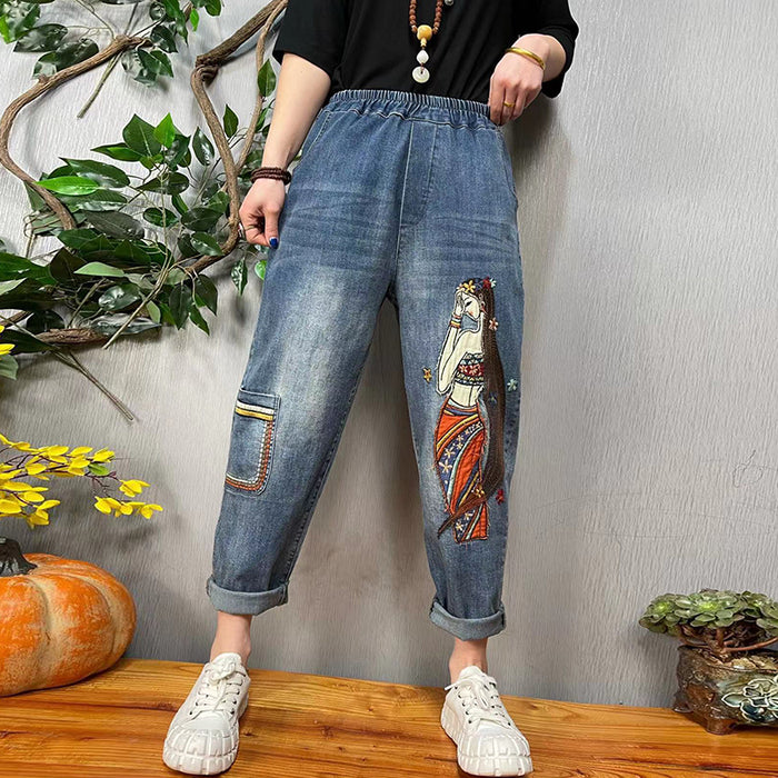 Quần baggy denim lưng thun thêu cô gái tóc dài - NU7481