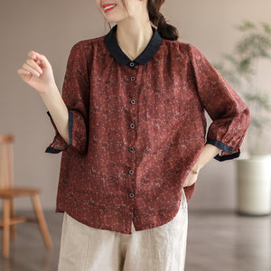 Áo sơ mi linen tay lửng cổ pipi đơn sắc in hoa liti - NU6996