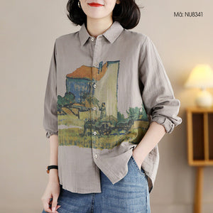 Áo sơ mi linen dài tay cổ đức in tranh đồng quê - NU8341