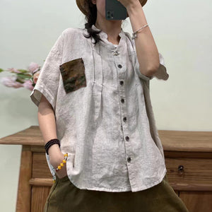 Áo sơ mi linen ngắn tay cổ V một túi in hoa lá - NU8643