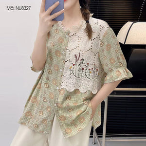 Áo sơ mi ngắn tay cổ tròn in retro thêu ren - NU8327