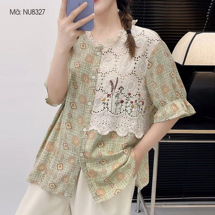 Áo sơ mi ngắn tay cổ tròn in retro thêu ren - NU8327