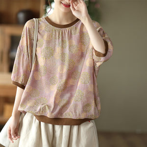 Áo T-shirt linen ngắn tay cổ tròn in hoa lá bo viền - A763