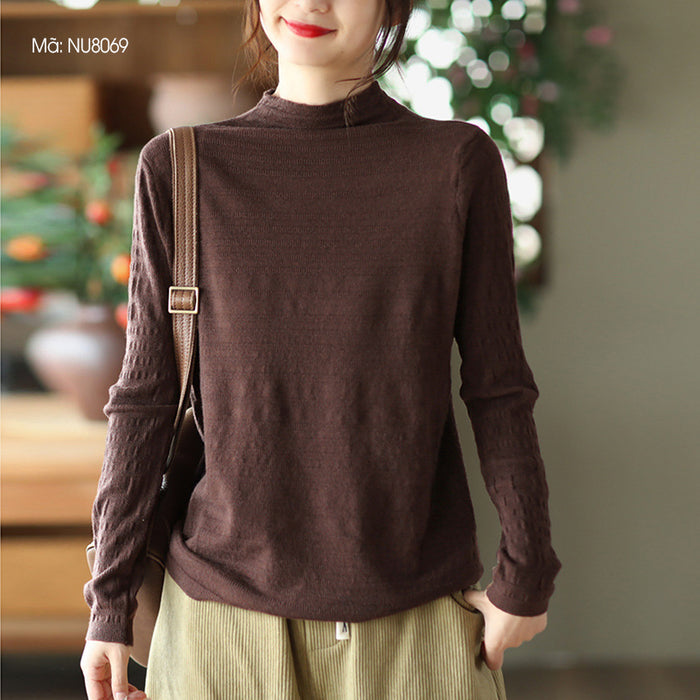 Áo T-shirt dệt kim dài tay cổ cao kiểu sọc nổi  - NU8069