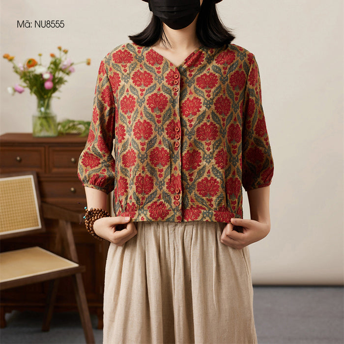 Áo sơ mi tay lửng cổ V in hoa văn retro - NU8555