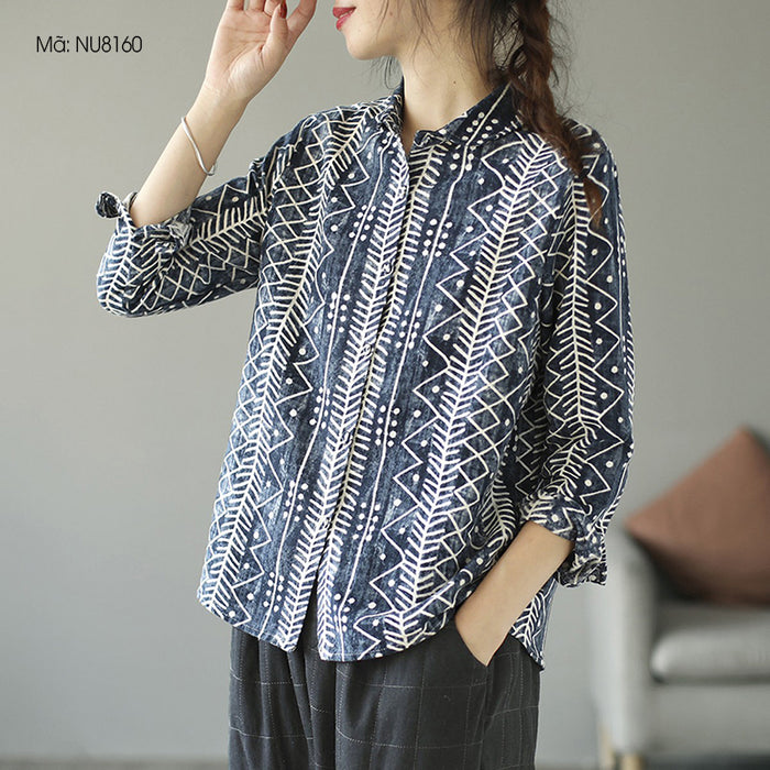 Áo sơ mi dài tay cổ pipi in hoa văn trừu tượng - NU8160