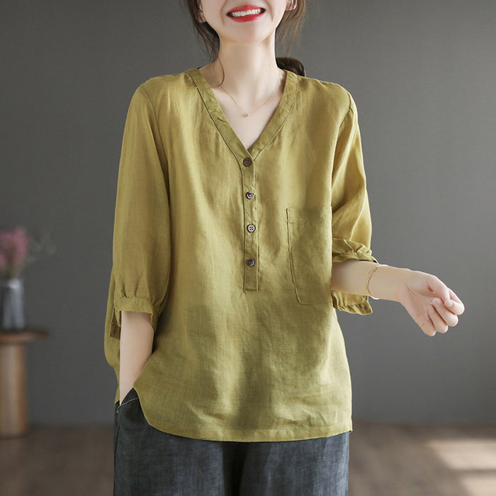 Áo sơ mi linen ngắn tay cổ V túi lớn bốn khuy - NU7410