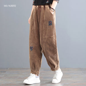 Quần baggy nhung tăm lưng thun ghép vải hoa - NU8092