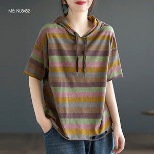 Áo hoodies ngắn tay kẻ sọc vạt kiểu rách - NU8482