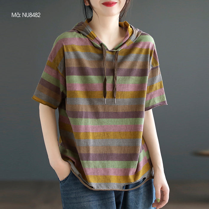 Áo hoodies ngắn tay kẻ sọc vạt kiểu rách - NU8482