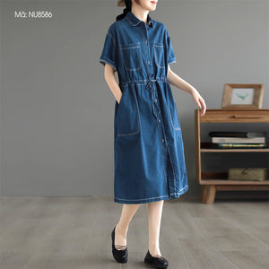 Đầm liền denim ngắn tay cổ đức hai túi vuông cột dây - NU8586