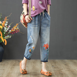 Quần baggy denim hai túi chéo thêu hoa cúc - NU5201