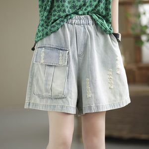 Quần sooc denim lưng thun một túi vuông kiểu sờn - NU7109