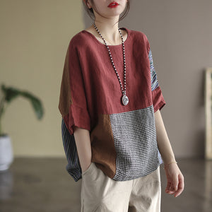 Áo T-shirt linen ngắn tay cổ tròn chắp vá mảng màu caro - NU7274