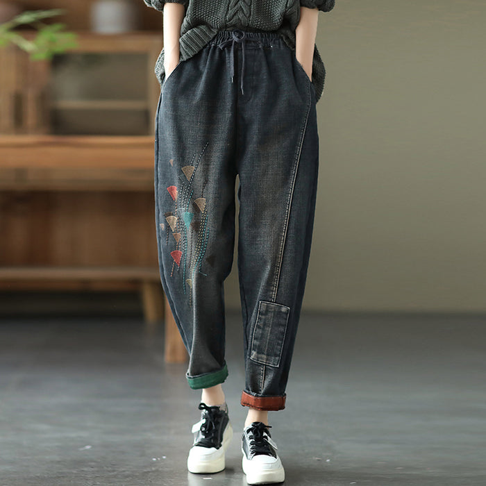 Quần baggy denim lưng thun dây rút lót bông thêu tam giác - NU6447