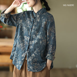 Áo sơ mi linen dài tay cổ đứng xếp ly in những chiếc lá - NU8290