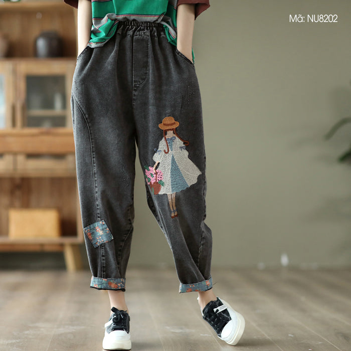 Quần baggy denim lưng thun thêu cô gái phối vải hoa - NU8202
