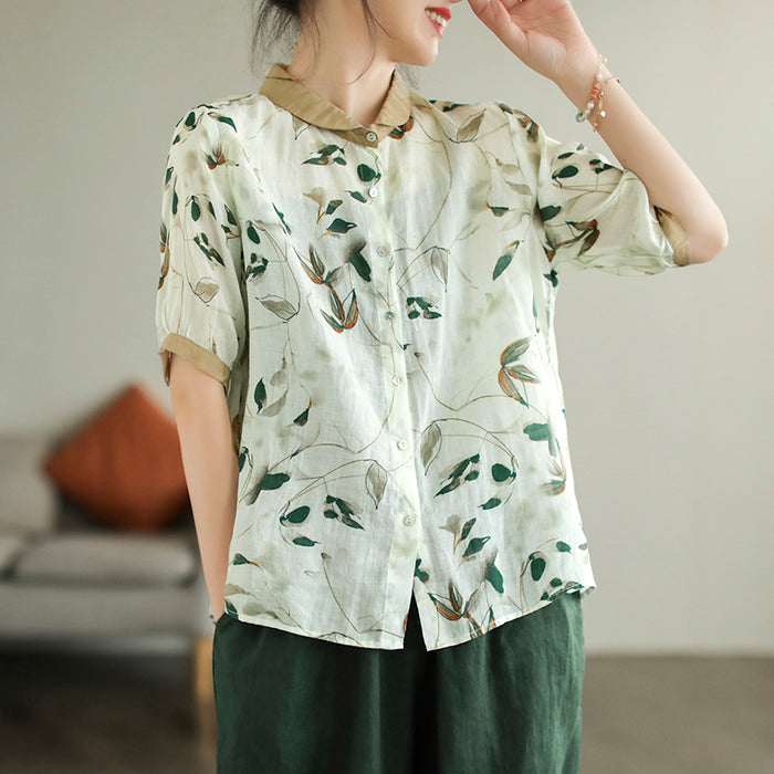 Áo sơ mi linen ngắn tay cổ pipi phối màu in cành lá  - NU7535