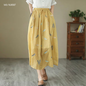 Chân váy linen retro in lông vũ lưng thun - NU8588