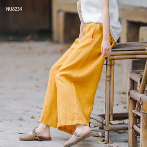 Quần baggy linen lưng thun kiểu dây rút ống rộng - NU8234