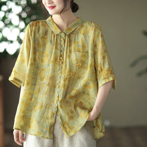 Áo sơ mi linen ngắn tay khuy cài cổ pipi in hoa lá một túi nhỏ - NU6953